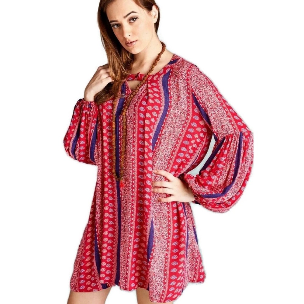 Velzera Red Blue Floral Paisley Boho Balloon Sleeve Mini Dress L Peasant Retro